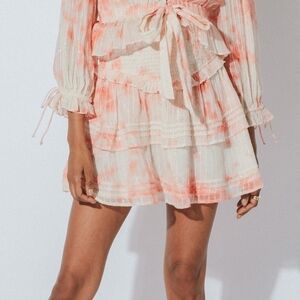 Cleobella Pink Tie-Dye Smocked Tiered Ruffle Amber Mini Skirt Coquette Romantic